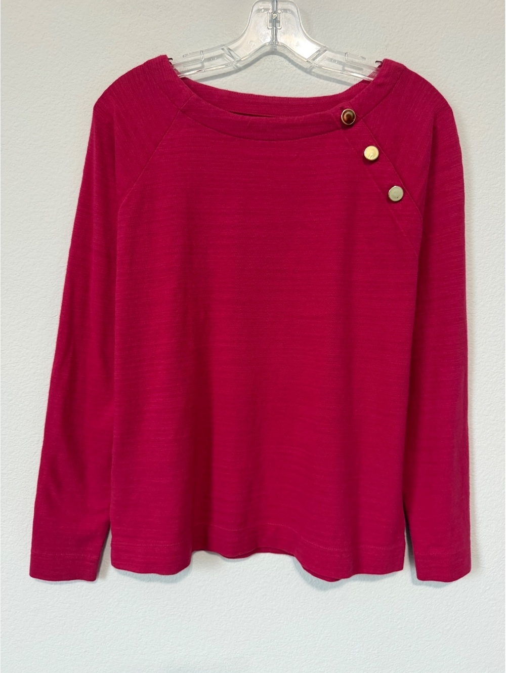 LOFT Raglan Long Sleeve Boat Neck Gold Button Shoulder Pink Blouse Size S